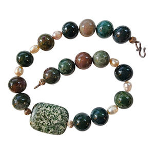 Vintage Artisan Agate & Pearl Necklace – Jasper Focal – Sterling Clasp – 18”